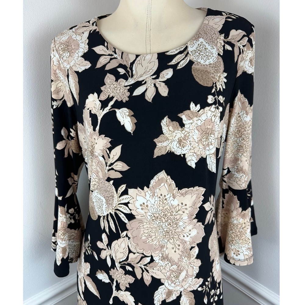 TOMMY HILFIGER Black & Beige Floral Lightweight Shift Dress 3/4 Bell Sleeves | 8 - Picture 4 of 11